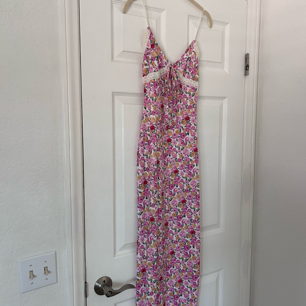 Floral Slip Maxi Dress with Lace Trim - Pink Yellow Green